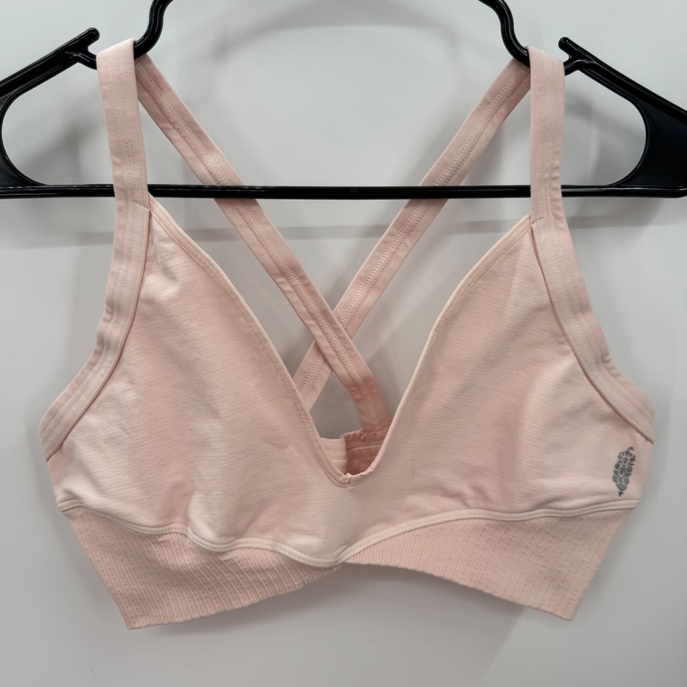 Free People Movement Pink Ribbed V-Neck Crisscross Back Sports Bra M/L